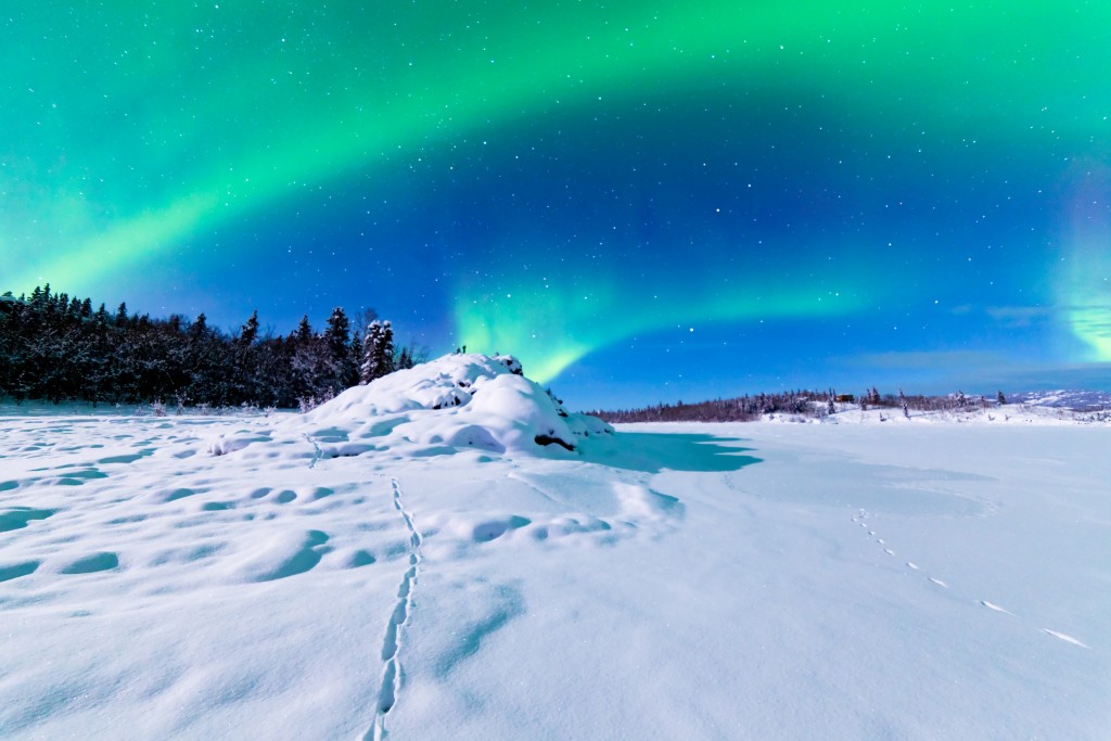 Spectacular display of intense Northern Lights or Aurora borealis