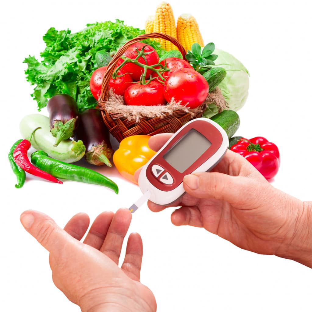 Hands holding a glucose a basket full of vegetables in the background.